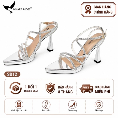 Giày hoa hậu Whale Shoes 11cm mũi nhọn da bóng, dây đính đá, đúp mũi 1cm, đế chống trượt-SD12