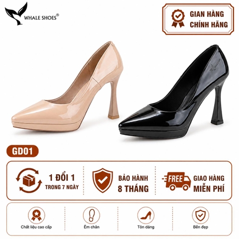 Giày Cao Gót Mũi Nhọn Whale Shoes 10cm, da bóng đúp mũi 1cm, lót êm, đế chống trơn trượt-GD01