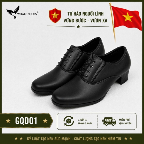 Giày quân phục nữ gót 5cm, kiểu dáng Oxford, màu đen tuyền, Phù hợp cán bộ nhận viên nữ - Whale Shoes GQD01
