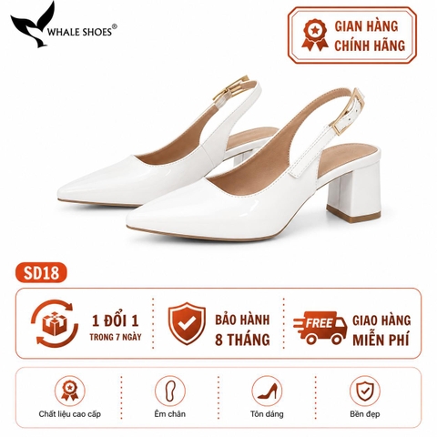 Giày Slingback Whale Shoes 5cm mũi nhọn, gót vuông bọc da, khóa cài hông-SD18