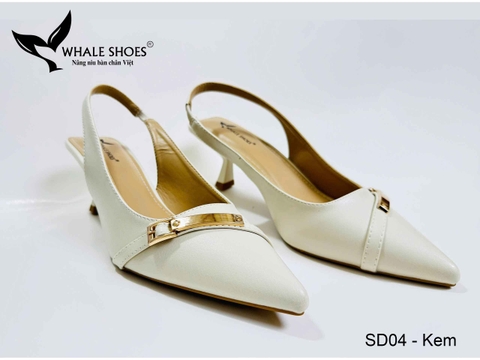 Whale Shoes SD04 – Giày Slingback 5cm mũi nhọn, hậu vuông da mờ, đính khoá mạ vàng sang trọng