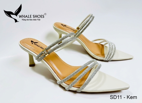 Whale Shoes SD11 – Guốc cao gót nữ 5cm mũi nhọn dây đá sáng, thiết kế 3 trong 1 hiện đại, đế chống trơn trượt