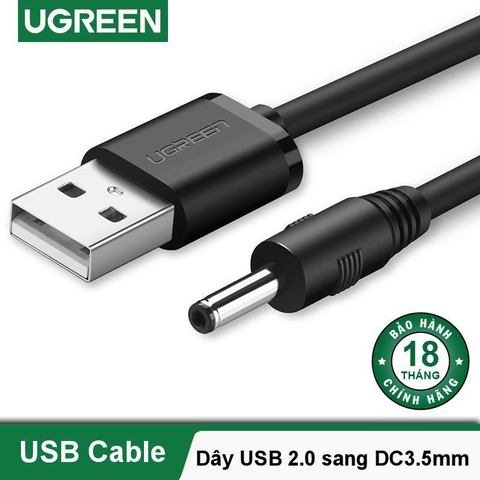 Dây chuyển nguồn UGREEN US277 - Chuyển USB 2.0 sang DC 3.5mm, dây dẫn thuần đồng chất lượng cao - 1m-Màu đen