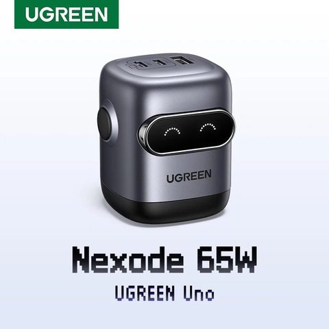 Sạc điện thoại 3 cổng USB-C và USB-A GaN 65W màu đen xám tạo hình robot chân cắm dẹt Ugreen (45001)