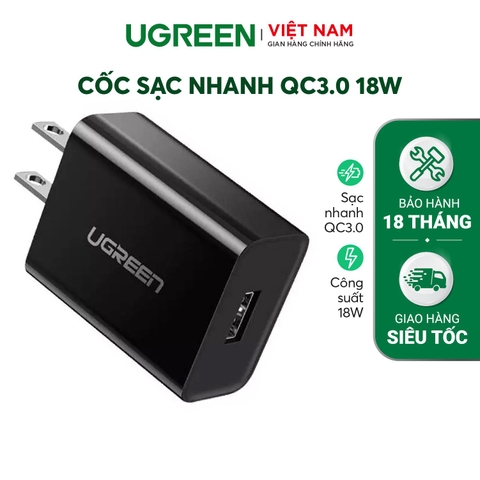 Củ sạc nhanh 18W UGREEN 20904 - Sạc nhanh chuẩn Quick Charge 3.0 công suất 18W - Chân cắm dẹt chuẩn US - Bảo hành 18 tháng