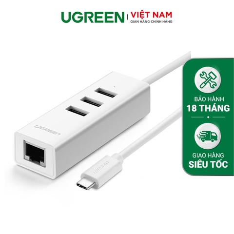 Bộ chuyển đổi Type C UGREEN 20792 Chuyển sang đầu mạng Ethernet RJ45 + Hub 3 cổng USB2.0 dài 30cm UGREEN 20792 - Hãng phân phối chính thức