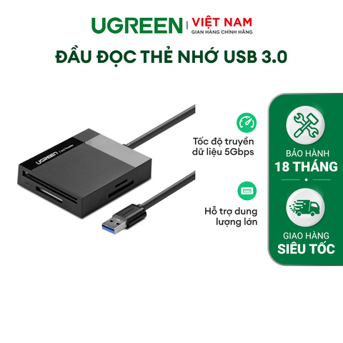 Đầu đọc thẻ USB 3.0 UGREEN CR125 Hỗ trợ thẻ TF/SD/CF/MS - Tốc độ truyền dữ liệu 5Gbps, hỗ trợ tải dung lượng lớn