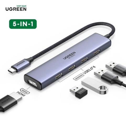 Hub Type C UGREEN CM478 20955 (5 trong 1) Chuyển sang 4 cổng USB 3.0 + HDMI hỗ trợ độ phân giải 4K@30Hz - Tốc độ truyền dữ liệu 5Gpbs, tương thích với Macbook M1, imac,...