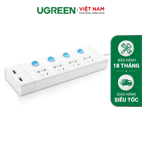 Ô cắm điện đa năng 4 cổng + 2 cổng sạc USB + Công tắc; MAX 2500W