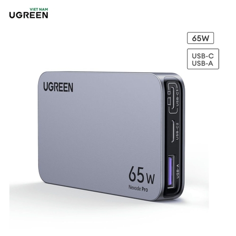 Sạc điện thoại 2 cổng USB-C và 1 USB Nexode Pro hỗ trợ GaN 65W màu ghi xám (15817). Hãng Ugreen mới 100%