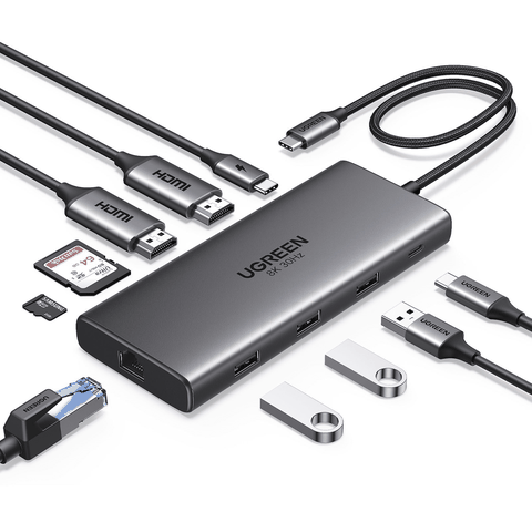 Bộ chuyển đổi USB-C sang 2*USB C+2*USB 2.0+USB 3.0+2*HDMI, SD TF, LAN hỗ trợ 8K (15534), chuyển đổi âm thanh, hình ảnh và không có chức năng thu phát sóng