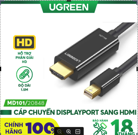 Cáp Mini DisplayPort (Thunderbolt) sang HDMI UGREEN MD101 Hỗ trợ độ phân giải 2k*4K@ dài 1.5m