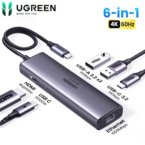 Bộ chuyển đổi USB-C sang USB-C PD+3*USB 3.0+RJ45+HDMI hỗ trợ 4K@60hz Ugreen (45000)
