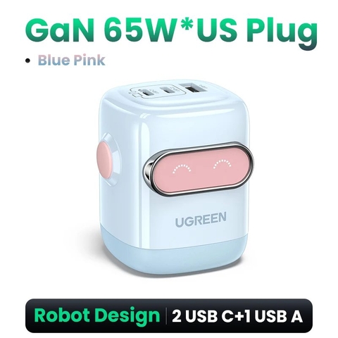 Sạc điện thoại 3 cổng USB-C và USB-A GaN 65W màu đen xám tạo hình robot chân cắm dẹt Ugreen (45001)