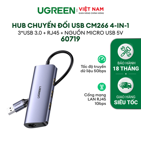 Bộ chia USB 3.0 UGREEN 60719 - Mở rộng 3 cổng USB 3.0 + Lan Gigabit 1000Mbps - Tốc độ truyền dữ liệu 5Gbps - Hàng phân phối chính hãng - Bảo hành 18 tháng 1 đổi 1