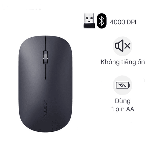 Chuột không dây UGREEN - Nút click im lặng - Chế độ tự động ngủ tiết kiệm pin, Tuổi thọ pin lên đến 18 tháng - Đen