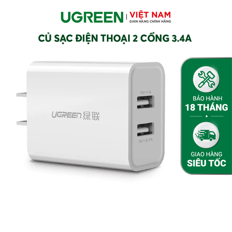Củ sạc điện thoại 2 cổng 3.4A UGREEN CD104 20575 & 20576 – Hàng phân phối chính hãng - Bảo hành 18 tháng.