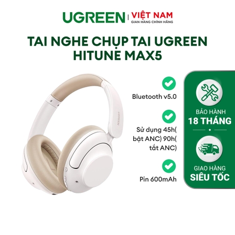 Tai nghe Bluetooth không dây chụp đầu Ugreen HiTune MAX5 5.0 công suất Bluetooth 10mW, dung lượng pin 450mAh màu trắng(15809) dải tần hoạt động 20-20kHz