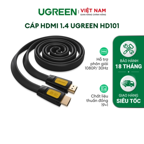 Dây cáp HDMI 2.0 4K60Hz UGREEN HD101 thuần đồng 19+1 dài 1.5m 2m 3m - Tương thích với SmartTV đầu DVD Set top box máy chiếu - Dẹt-3m-11186