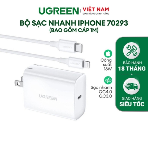 Bộ sạc nhanh iPhone UGREEN 70293 Sạc nhanh PD 18W và cáp Type C ra Lightning chuẩn MFI