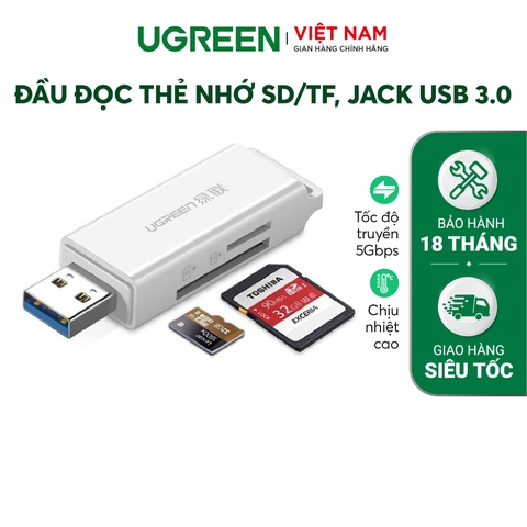 Đầu đọc thẻ nhớ USB 3.0 UGREEN CM104 - Hỗ trợ đọc thẻ TF/SD - 40751-trắng