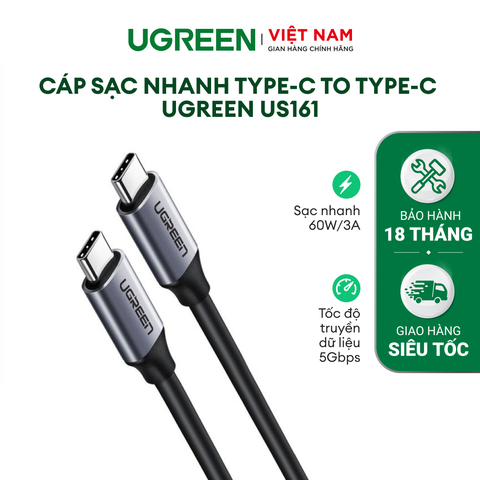 Cáp sạc nhanh PD100W UGREEN US161 - Sạc nhanh Quick Charge 4.0 dòng 3A, tốc độ truyền 10Gbps - Ghi xám-1m-60183-USB type C-1
