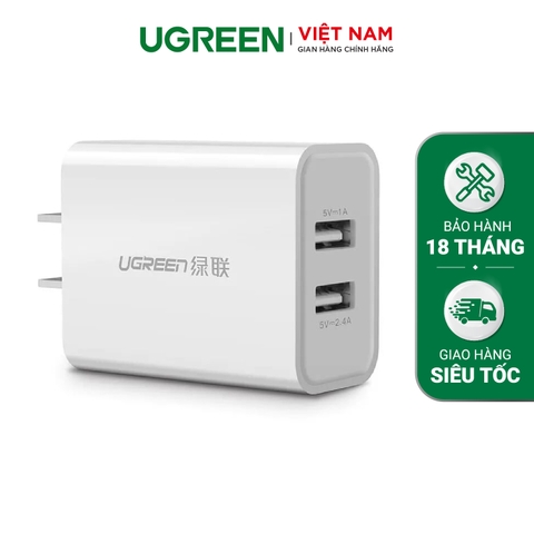 Sạc 2 cổng USB-A UGREEN CD104 - Dòng sạc tối đa 3.4A (Tối đa 2.4A mỗi cổng) - Hàng phân phối chính hãng - Bảo hành 18 tháng