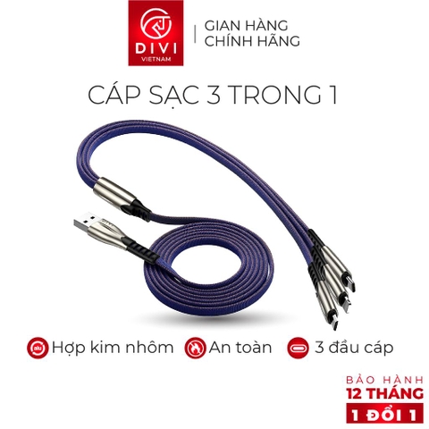 Dây cáp sạc 3 trong 1 - DIVI P442 - Vỏ bện nylon - Hàng phân phối chính hãng - Bảo hành 12 tháng