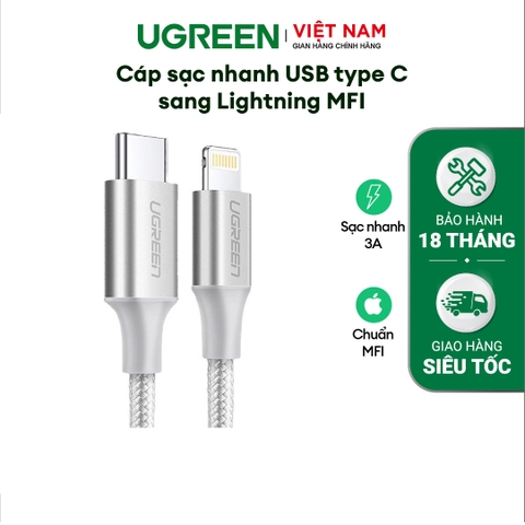 Cáp sạc nhanh iPhone UGREEN US304 - Sạc nhanh PD100W, đạt chuẩn Mfi - Đầu cáp vuông góc chống gập gãy - Xanh đen-Kiểu C- lightning-1