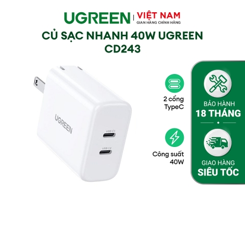 Củ sạc nhanh UGREEN 10342 Sạc nhanh 40W 2 cổng Type C Chân cắm tròn EU - Hàng chính hãng - Chân cắm dẹt