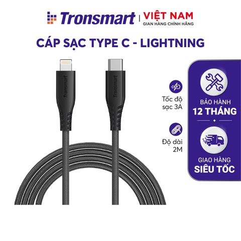 Cáp sạc USB-C sang Lightning nylon bện, hỗ trợ sạc nhanh PD cho các thiết bị iOS của bạn, bao gồm iPhone XS / XS Max / XR, iPhone X / 8/8 Plus Dài 2m Tronsmart - Hàng phân phối chính hãng - Bảo hành 12 tháng