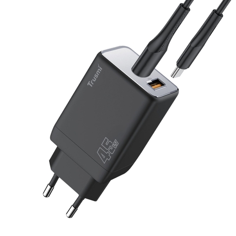 Trusmi Sạc nhanh GAN mini PD45W A+2C kèm cáp C TO C 60W (EU) | Black+silver