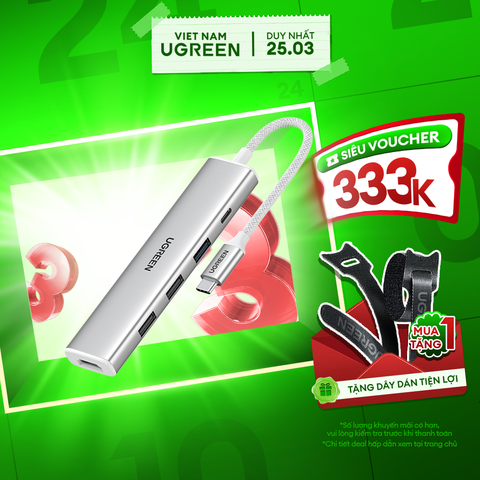 Bộ chuyển đổi USB-C sang 3*USB 3.0+HDMI+USB-C hỗ trợ 4K (35580), màu trắng kem chuyển đổi âm thanh, hình ảnh và không có chức năng thu phát sóng. Hãng Ugreen mới 100%