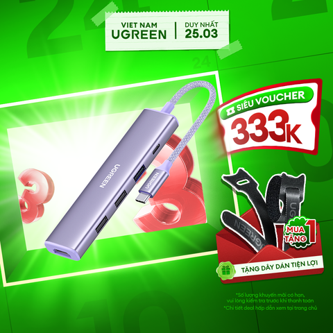 Bộ chuyển đổi USB-C sang 3*USB 3.0+HDMI+USB-C hỗ trợ 4K (35582), màu tím nhạt chuyển đổi âm thanh, hình ảnh và không có chức năng thu phát sóng. Hãng Ugreen mới 100%