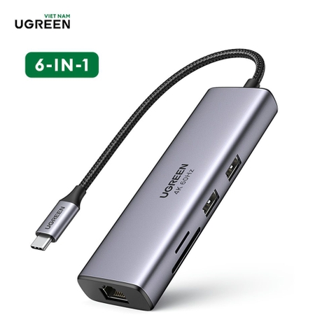 Bộ chuyển Type C UGREEN 20954, hỗ trợ HDMI 4K@60Hz + USB + LAN Gigabit + SD/ TF - Hàng Chính Hãng