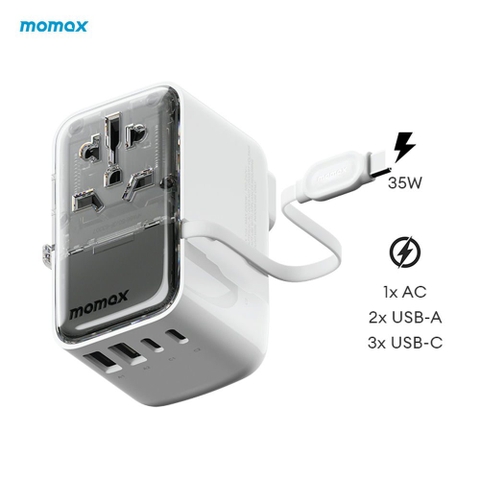 Bộ sạc du lịch 4 cổng 1-World+ Flow có cáp USB-C tích hợp 35W | Bảo hành 12 tháng