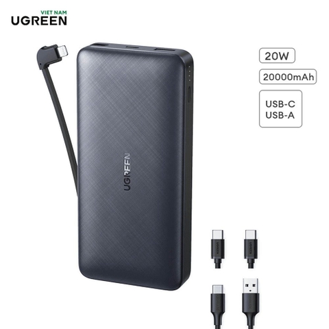 Pin sạc dự phòng 20000mAh UGREEN| Chứng nhận MFI| Sạc nhanh PD 3.0 QC 3.0| Kèm cáp Lightning| Tương thích với Dòng iPhone, Android, Samsung, AirPods| Bảo hành 18 tháng 1 đổi 1| 10400.