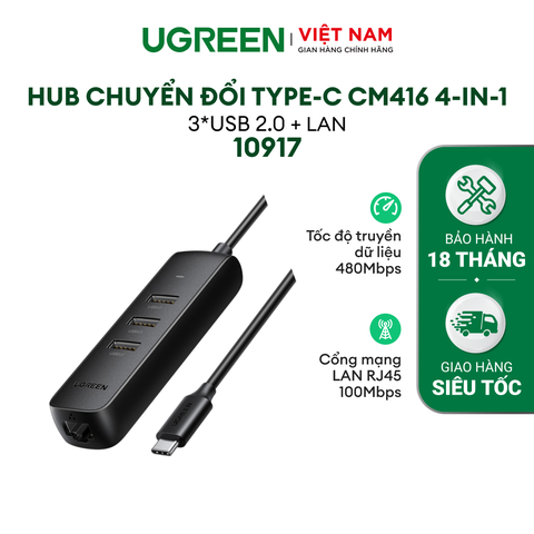 Bộ chia 4 cổng USB 3.0 UGREEN CM416 - Tốc độ truyền 480Mbps, khả năng tương thích rộng - 10917-USB2.0x3+LAN