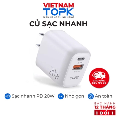 Củ sạc nhanh B210P Sạc nhanh PD QC 3.0 20W1 - 1 Cổng USB 2.0 + 1 Cổng Type C - Hãng chính hãng - Bảo hành 12 tháng
