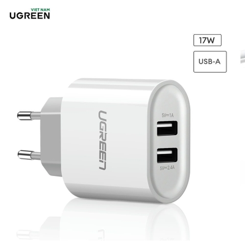 Sạc 2 cổng USB-A UGREEN CD104 - Dòng sạc tối đa 3.4A (Tối đa 2.4A mỗi cổng)