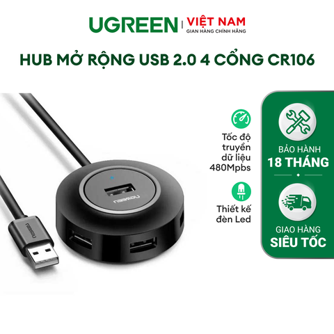 Bộ chia Hub UGREEN CR106 Chia cổng USB 2.0 sang 4 cổng USB 2.0 hổ trợ cổng nguồn Micro USB dài 25cm