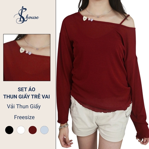 [LS House] Set Áo Thun Giấy Nữ Dài Tay Cổ Thuyền - Trễ Vai Basic Đính Nút