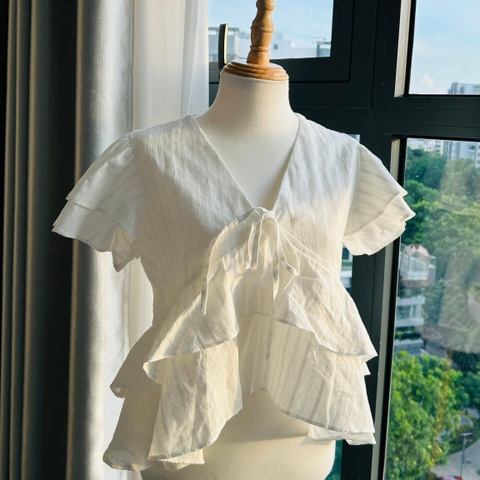 [LS House] Áo Babydoll Bèo Tầng Cổ Chữ V Buộc Nơ Tay Cánh Tiên