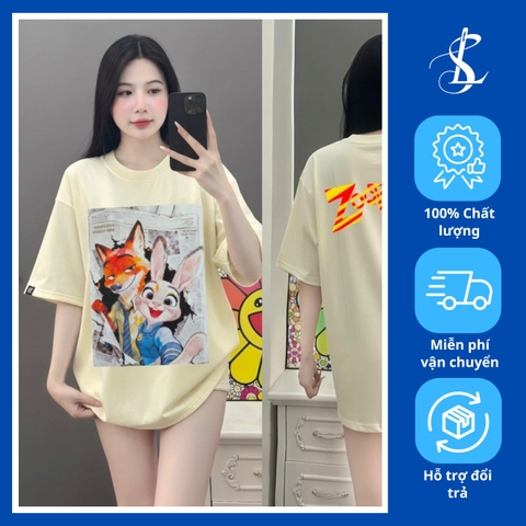 Áo Thun Kiểu Nữ Zootopia 2 Tay Lỡ Form Rộng Cotton 2 Chiều Dày Dặn In Hình Thỏ Cáo
