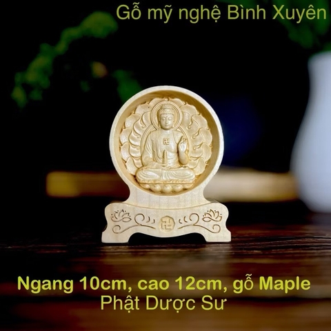 Tượng Phật Dược Sư chạm 2 mặt giống nhau để ô tô, cao 12cm, gỗ Maple