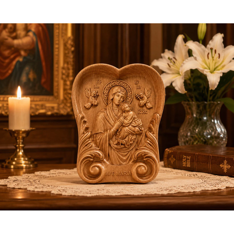 PHÙ ĐIÊU HÌNH TIM ĐỨC MẸ HẰNG CỨU GIÚP (Our Lady of Perpetual Help), GỖ BEECH