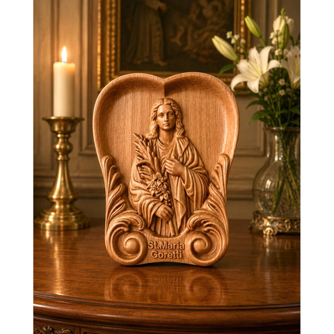 Phù điêu Thánh Maria Goretti, hình tim, để bàn, treo tường, gỗ Beech