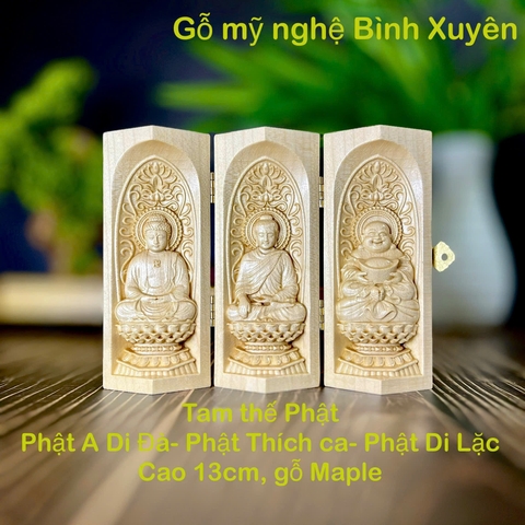 BỘ TƯỢNG PHẬT A DI ĐÀ-PHẬT THÍCH CA-PHẬT DI LẶC CAO 13CM, GÔC MAPLE