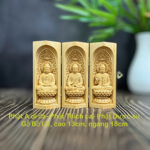 BỘ TƯỢNG PHẬT A DI ĐÀ-PHẬT THÍCH CA-PHẬT DƯỢC SƯ, CAO 13CM, GỖ BỒ ĐỀ