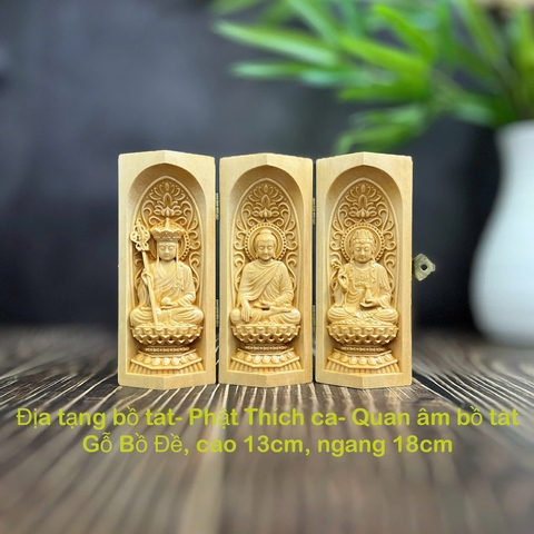 BỘ TƯỢNG ĐỊA TẠNG BỒ TÁT-PHẬT THÍCH CA-QUAN ÂM BỒ TÁT CAO 13CM, GỖ BỒ ĐỀ